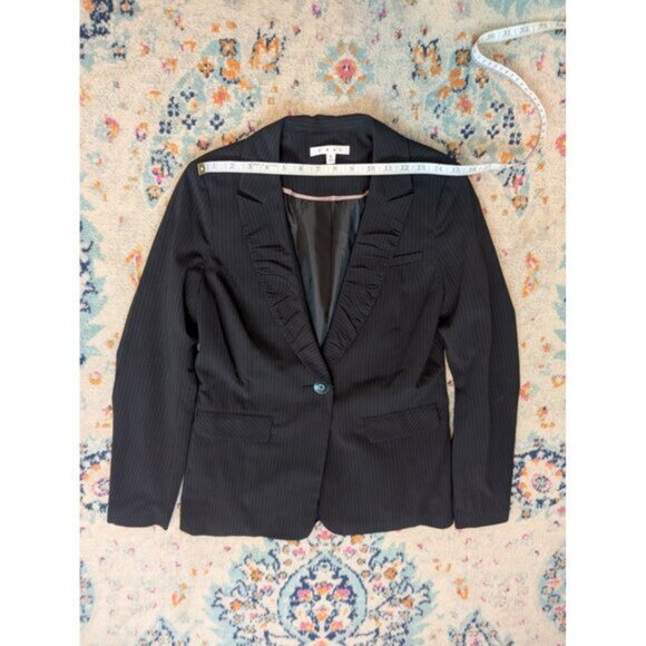 Cabi Pinstripe Ruched Collar Fitted Blazer - Black and Tan - Style 601 - 6 - Picture 6 of 11